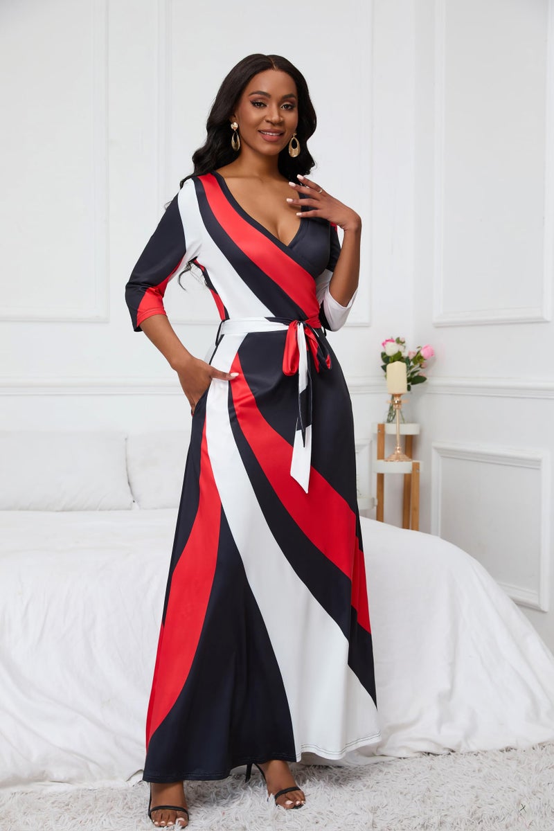 FANDEE Plus Size Maxi Dress for Women Casual Summer Sundress V-Neck 3/4 Sleeve(002-red & Black Stripes,XX-Large) - Image 3