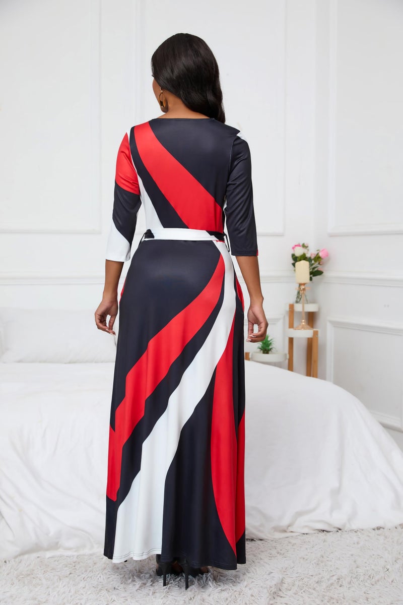 FANDEE Plus Size Maxi Dress for Women Casual Summer Sundress V-Neck 3/4 Sleeve(002-red & Black Stripes,XX-Large) - Image 4