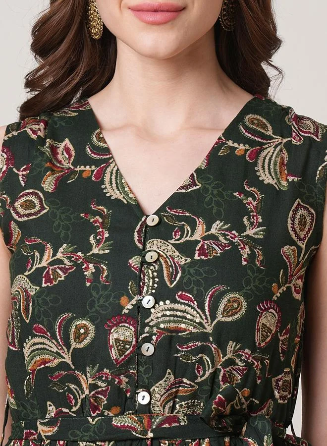 globus  Floral Print Tiered Midi Fusion Dress With Belt for Women | Best Price UAE