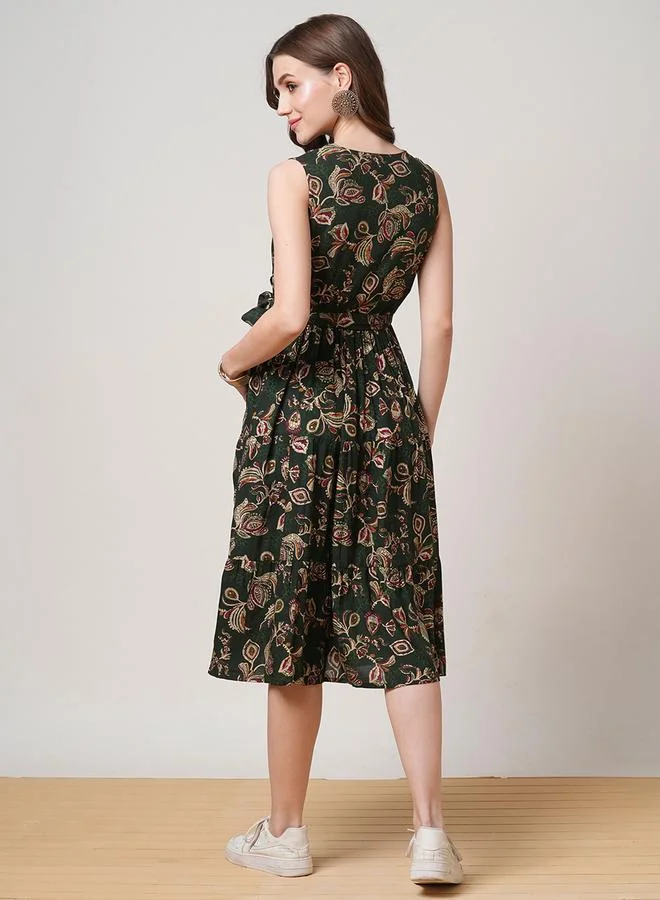 globus  Floral Print Tiered Midi Fusion Dress With Belt for Women | Best Price UAE