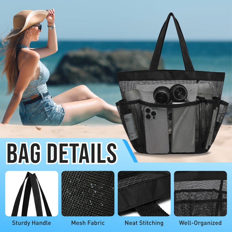 ASBEFORE Mesh Shower Caddy Portable, Shower Tote Bag for Dorm Room Essentials, 8 Pockets Large Shower Basket for College Gym Beach Camping (1, Black) - Image 5