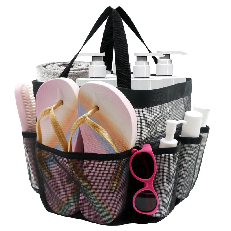 ASBEFORE Mesh Shower Caddy Portable, Shower Tote Bag for Dorm Room Essentials, 8 Pockets Large Shower Basket for College Gym Beach Camping (1, Black) - Image 1