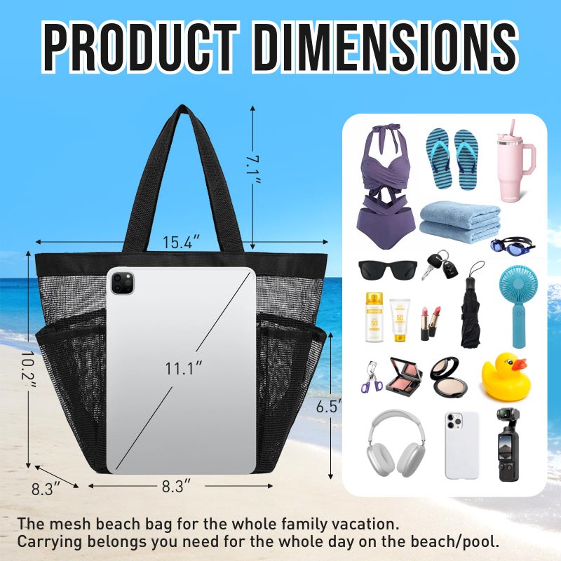 ASBEFORE Mesh Shower Caddy Portable, Shower Tote Bag for Dorm Room Essentials, 8 Pockets Large Shower Basket for College Gym Beach Camping (1, Black) - Image 2