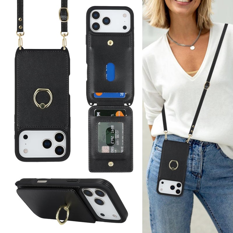 Lipvina for iPhone 17 Pro Case with Card Holder and Strap for Women,Crossbody Lanyard,Ring Stand,Snap Clasp,Cute Phone Wallet Cases 6.3 inch (Black) - Image 1