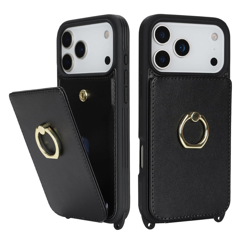 Lipvina for iPhone 17 Pro Case with Card Holder and Strap for Women,Crossbody Lanyard,Ring Stand,Snap Clasp,Cute Phone Wallet Cases 6.3 inch (Black) - Image 4