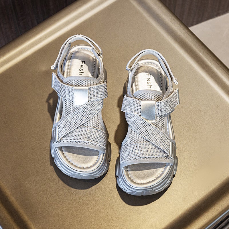 Rhinestone Ultra Light Sole Sports Sandals Women'S Platform Women'S Shoes Fashion Velcro Roman Casual Shoes - Image 1