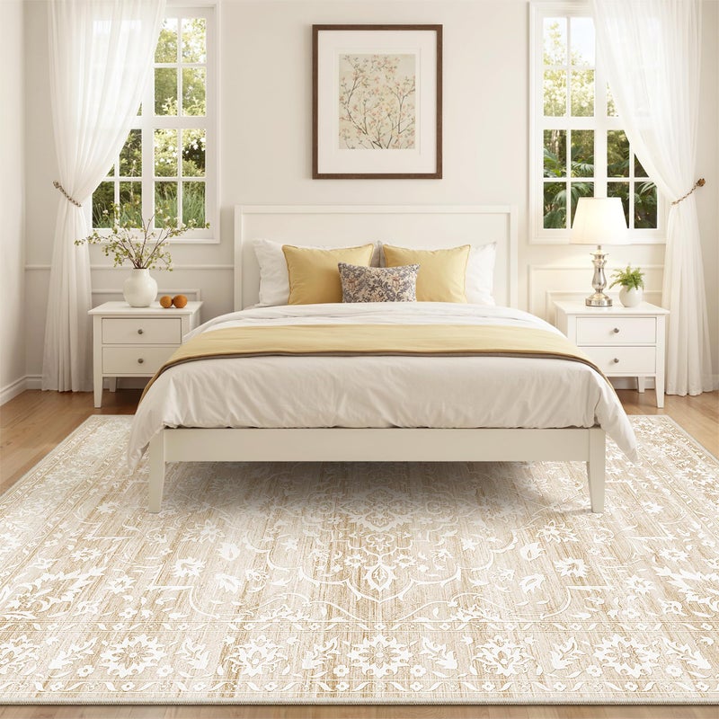 Soalmost 8x10 Washable Area Rugs for Living Room, Vintage Floral Non-Slip Low Pile Natural Rug Soft Throw Large Carpet for Dining Room Bedroom Home Office (Beige, 8'x10') - Image 5