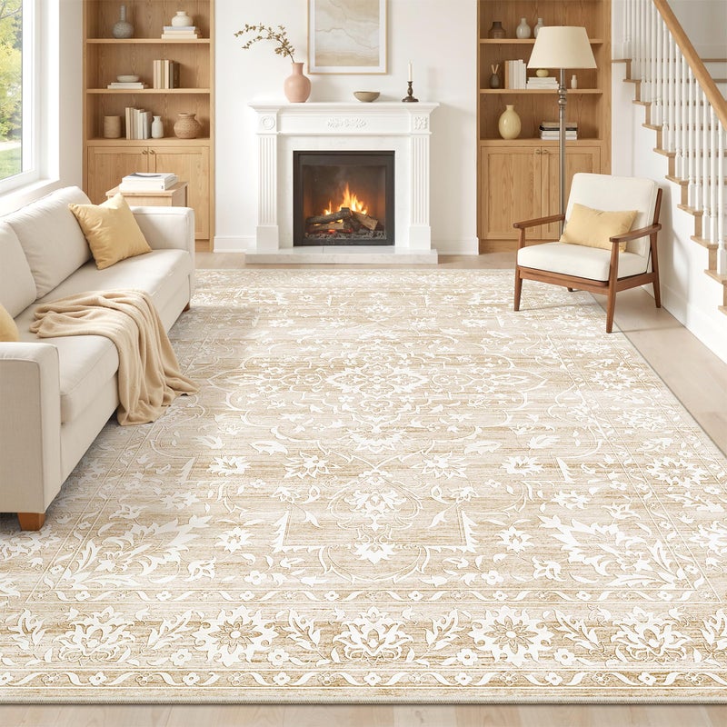 Soalmost 8x10 Washable Area Rugs for Living Room, Vintage Floral Non-Slip Low Pile Natural Rug Soft Throw Large Carpet for Dining Room Bedroom Home Office (Beige, 8'x10') - Image 1