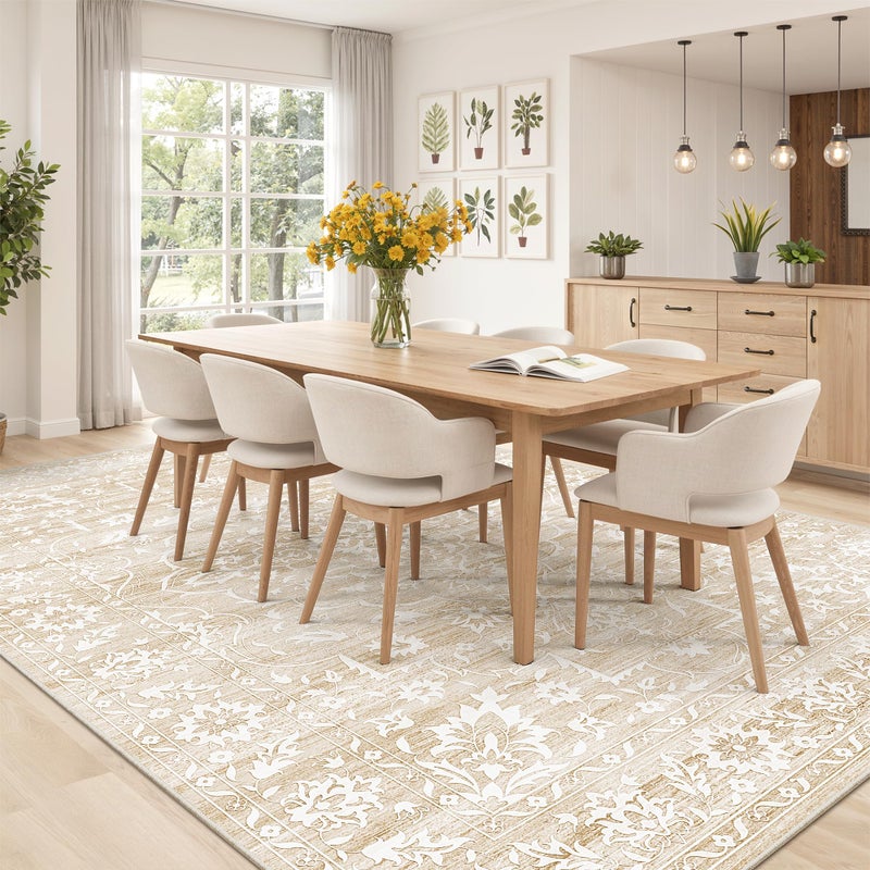 Soalmost 8x10 Washable Area Rugs for Living Room, Vintage Floral Non-Slip Low Pile Natural Rug Soft Throw Large Carpet for Dining Room Bedroom Home Office (Beige, 8'x10') - Image 4