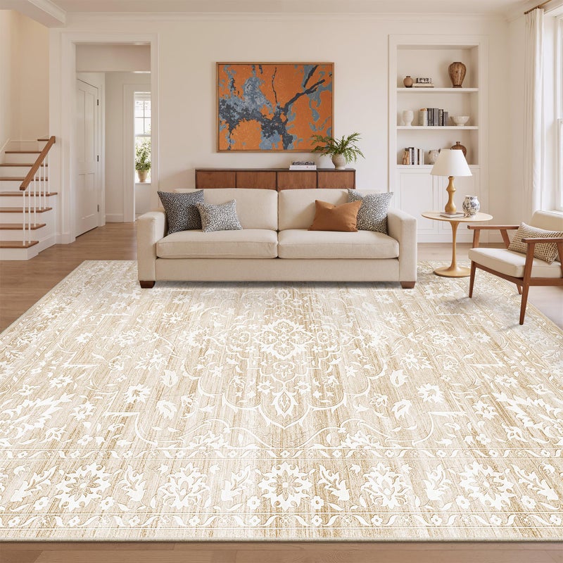 Soalmost 8x10 Washable Area Rugs for Living Room, Vintage Floral Non-Slip Low Pile Natural Rug Soft Throw Large Carpet for Dining Room Bedroom Home Office (Beige, 8'x10') - Image 3