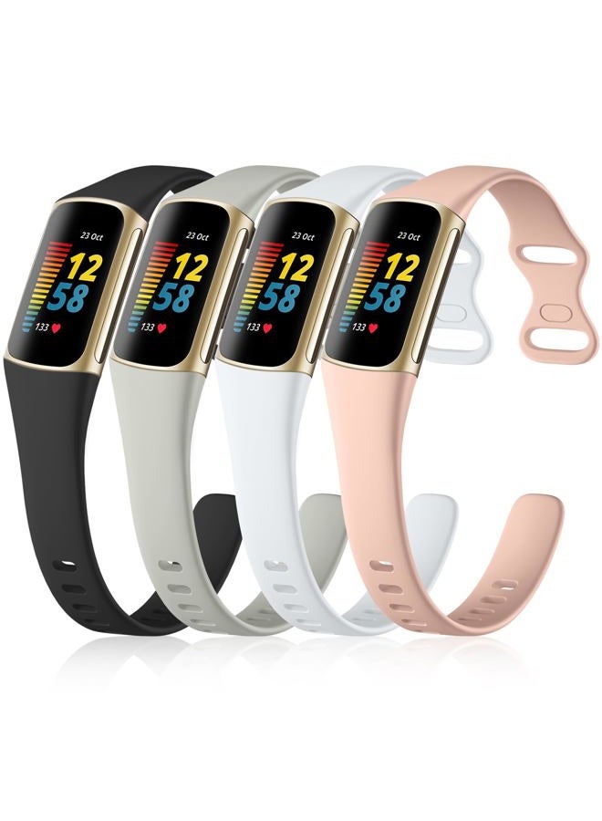 NAONAYA 4 Pack Slim Band Compatible with Fitbit Charge 5/6 Bands for Women & Men, Soft Silicone Sport Replacement Wristbands for Fitbit Fitness Tracker, Black/White/Gray/Pink  - Image 1