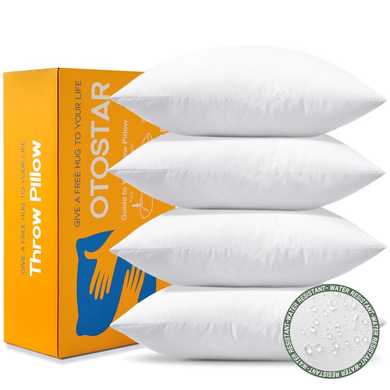 Otostar OTOSTAR 4 Pack Premium Waterproof Pillows Inserts 18 x 18 Outdoor Decorative Throw Pillow Inserts Soft Fluffy Plump Cushion Inserts for Patio Garden Bench Farmhouse Sofa Couch Bed White 
