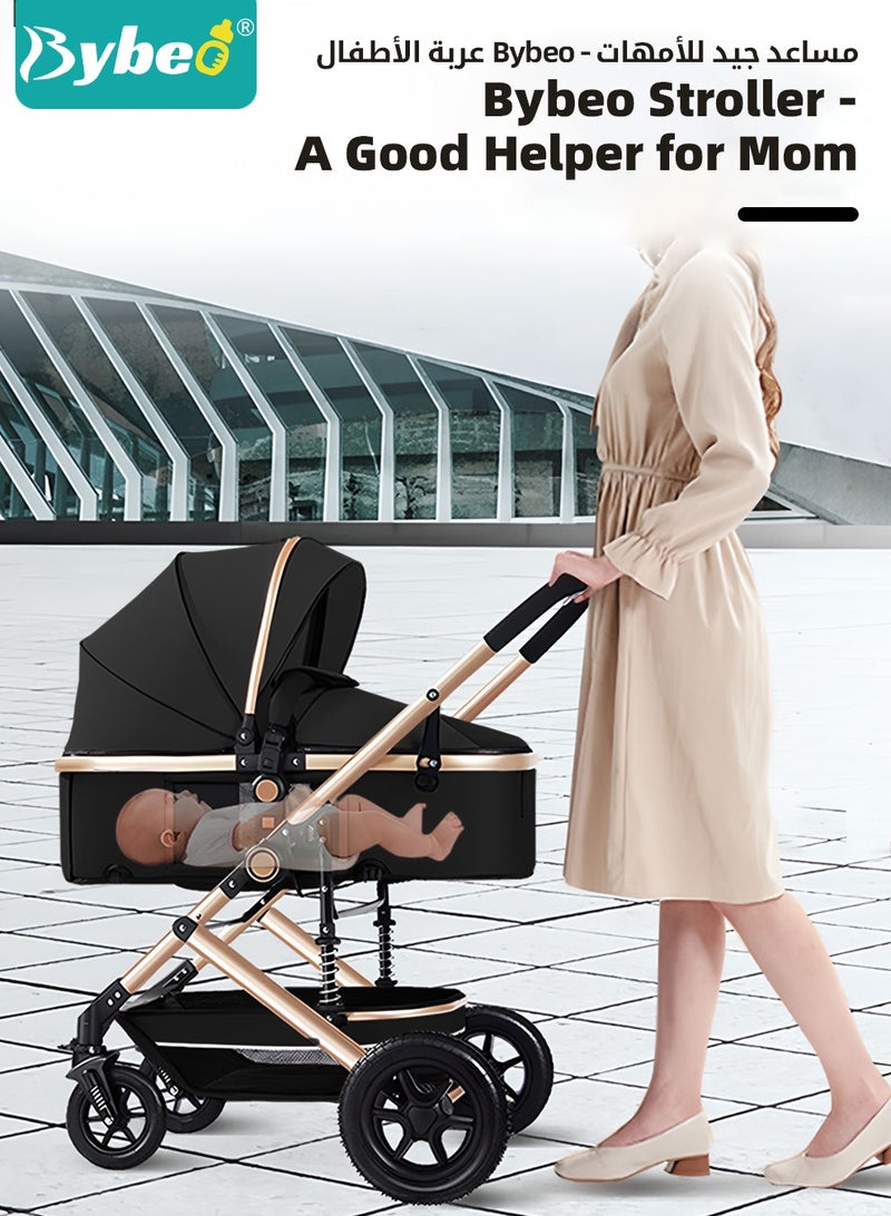 Bybeo 3-In-1 Baby Stroller, Multifunctional Newborn Travel Cabin, One-Hand Folding Baby Stroller For Infants, Toddler High Landscape Stroller with Rubber Wheels, Dinner Plate, Cooling Mat, Mosquito Net and Other Accessories - Image 2