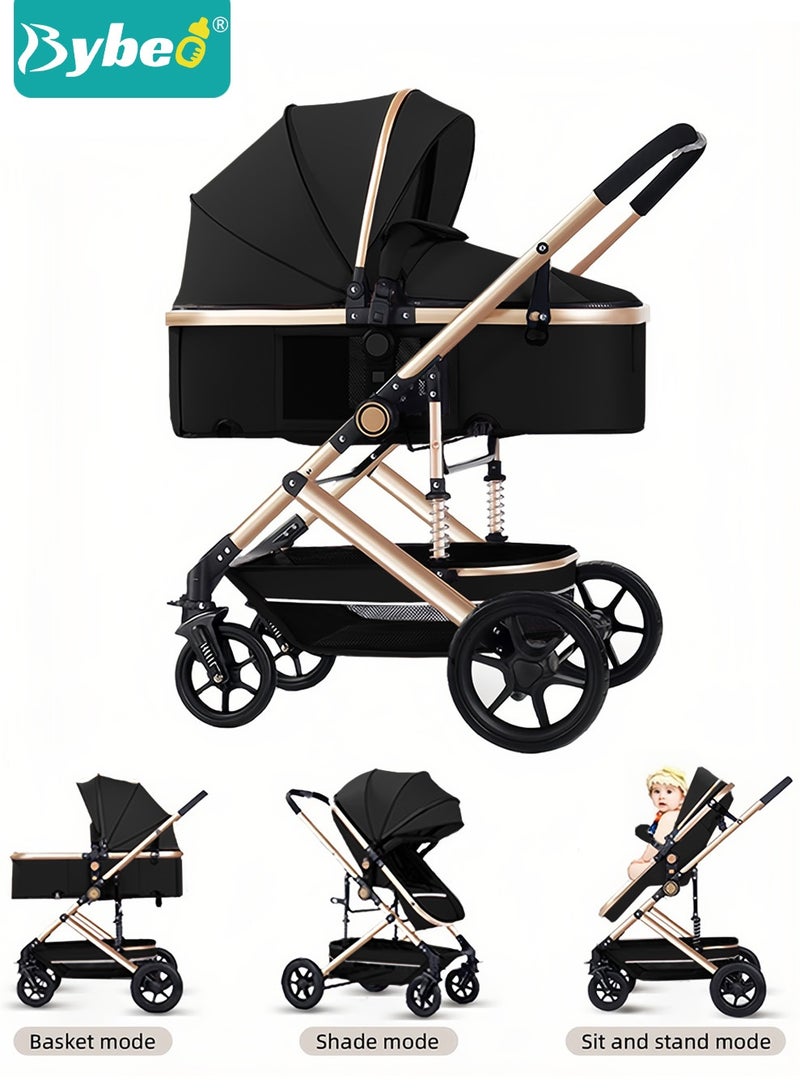 Bybeo 3-In-1 Baby Stroller, Multifunctional Newborn Travel Cabin, One-Hand Folding Baby Stroller For Infants, Toddler High Landscape Stroller with Rubber Wheels, Dinner Plate, Cooling Mat, Mosquito Net and Other Accessories - Image 1