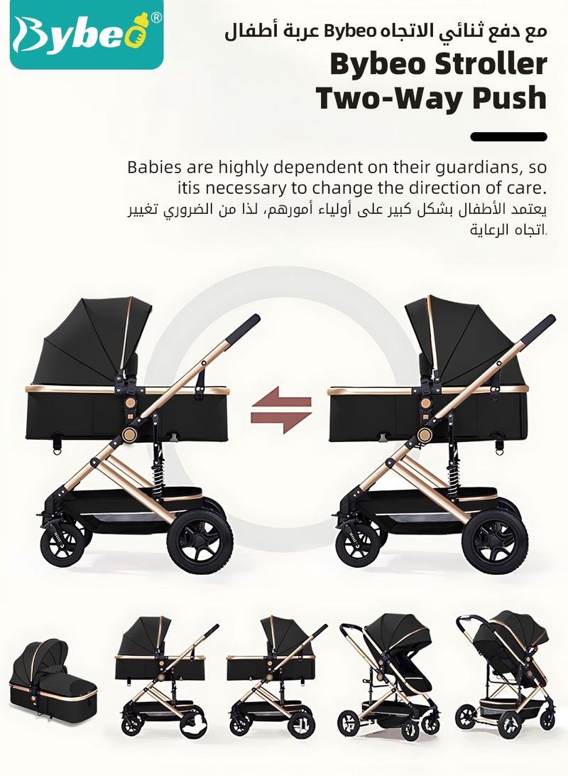 Bybeo 3-In-1 Baby Stroller, Multifunctional Newborn Travel Cabin, One-Hand Folding Baby Stroller For Infants, Toddler High Landscape Stroller with Rubber Wheels, Dinner Plate, Cooling Mat, Mosquito Net and Other Accessories - Image 4