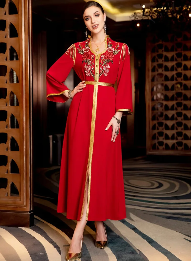 تايك تو Women Red Embroidered Rhinestone Embellished Jalabiya