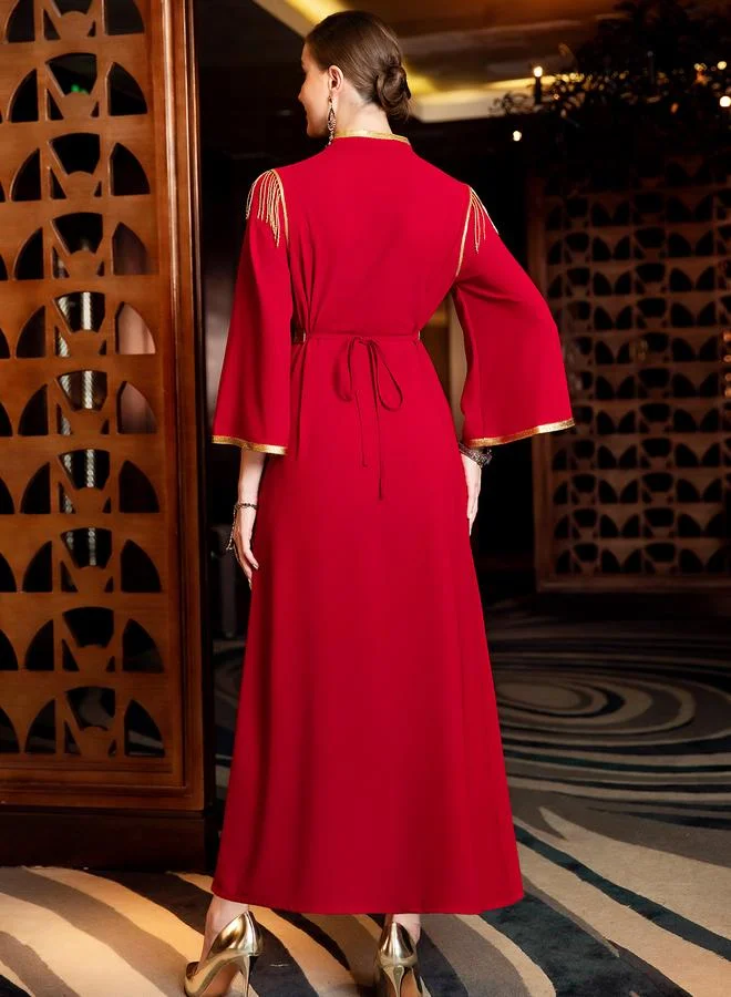 Take Two Red Women's Embroidery Detail Rhinestone Embellished Open Collar Golden Trim Long Sleeve Jalabiya for Women | Best Price UAE