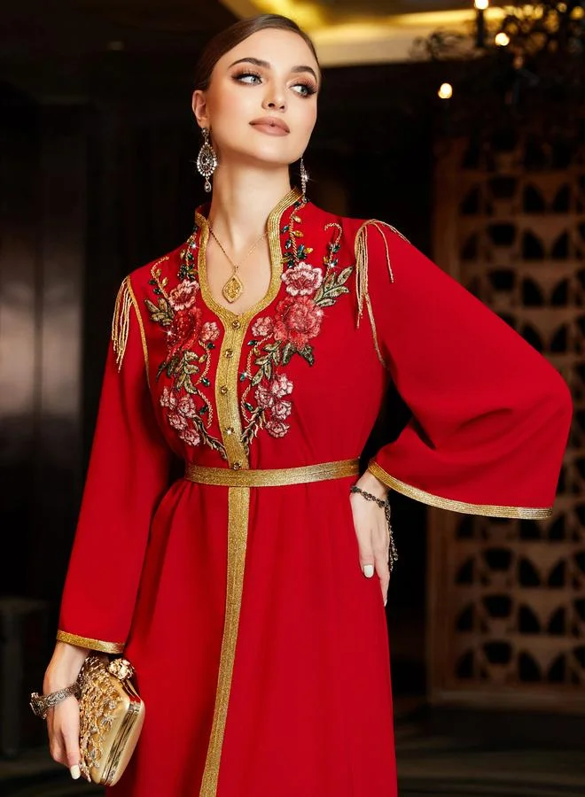 Take Two Red Women's Embroidery Detail Rhinestone Embellished Open Collar Golden Trim Long Sleeve Jalabiya for Women | Best Price UAE