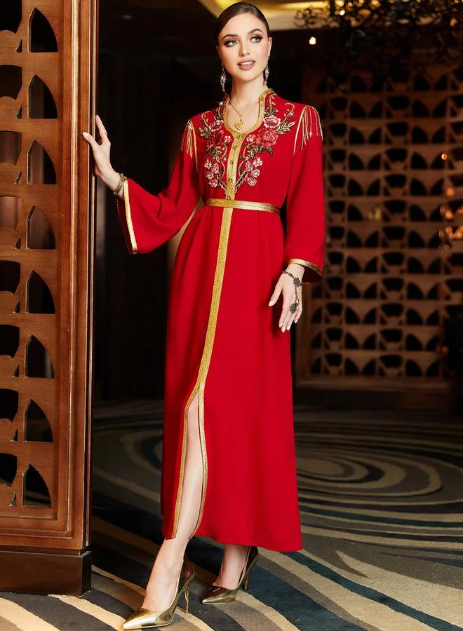 تايك تو جلابية مزينة بتطريز وأحجار الراين للنساء - أحمر