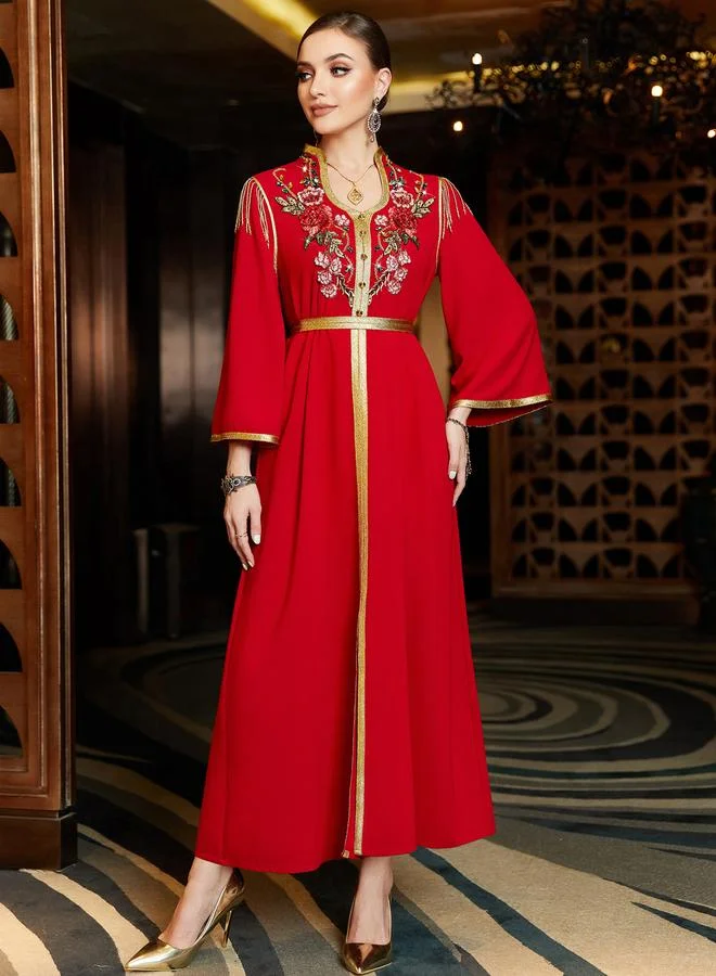 Take Two Red Women's Embroidery Detail Rhinestone Embellished Open Collar Golden Trim Long Sleeve Jalabiya for Women | Best Price UAE
