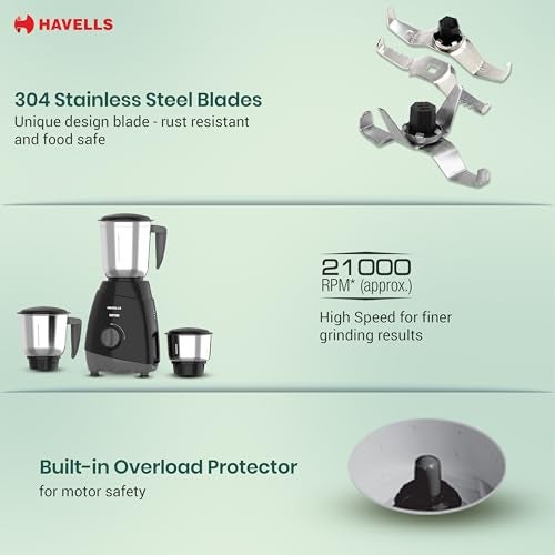 Havells Capture 500W Mixer Grinder 3 Stainless Steel Jars | 21000 RPM High-Speed Motor | Rust-Resistant 304 SS Blades | 1.5L Large Blending Jar | Overheat Protection | 1-Year Warranty (Black) - Image 5
