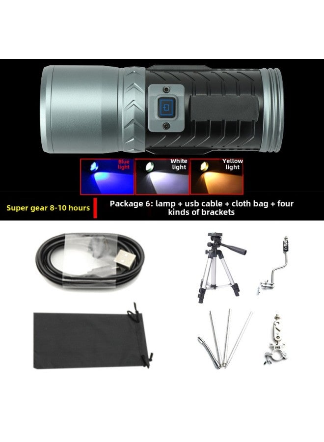 Three-light Source Fishing Lamp Flashlight Strong Light High-power Night Fishing Lamp Blue Light Outdoor USB Rechargeable Fishing Lamp-Color:Package 6: Light + Line + Cloth Bag + Four Types Of Bracket - Image 1