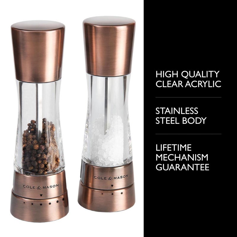 Cole & Mason Derwent Salt & Pepper Mill Gift Set - Salt & Pepper Shaker & Grinder with Adjustable Coarseness - Gourmet Precision Mill Set - Stainless Steel & Acrylic Grinders - Copper - Image 2