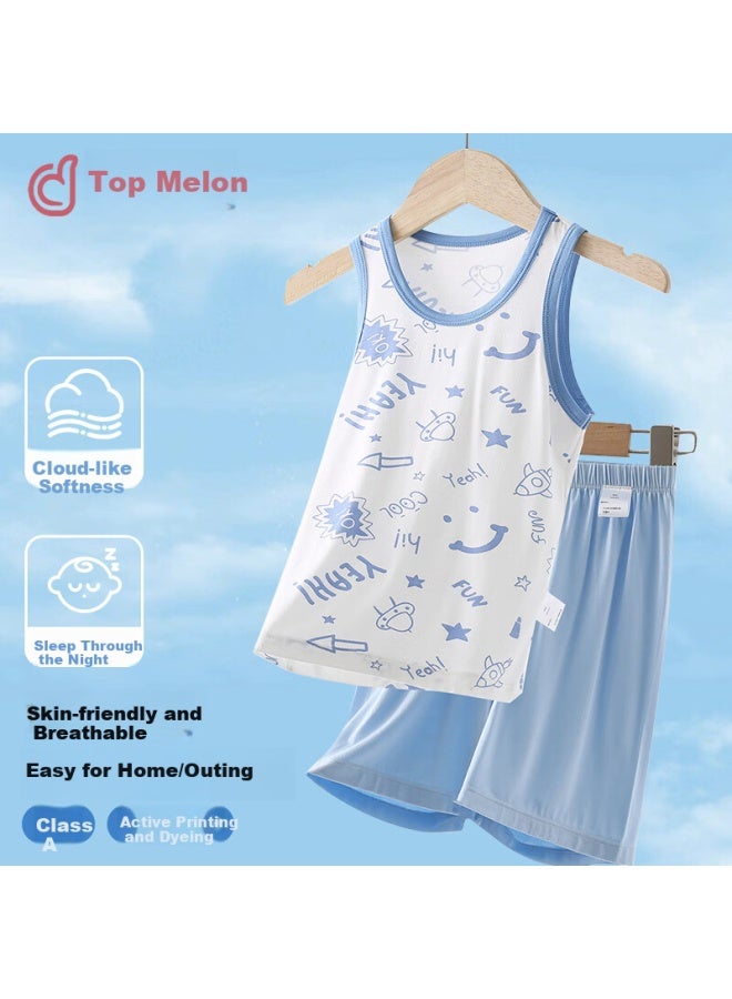 Top melon Dingguagua Children's Vest Set, Boys' Ice Silk Pajamas, Summer Thin Style, For Older Children, Sleeveless, For Young Boys, Baby Home Wear - Image 1
