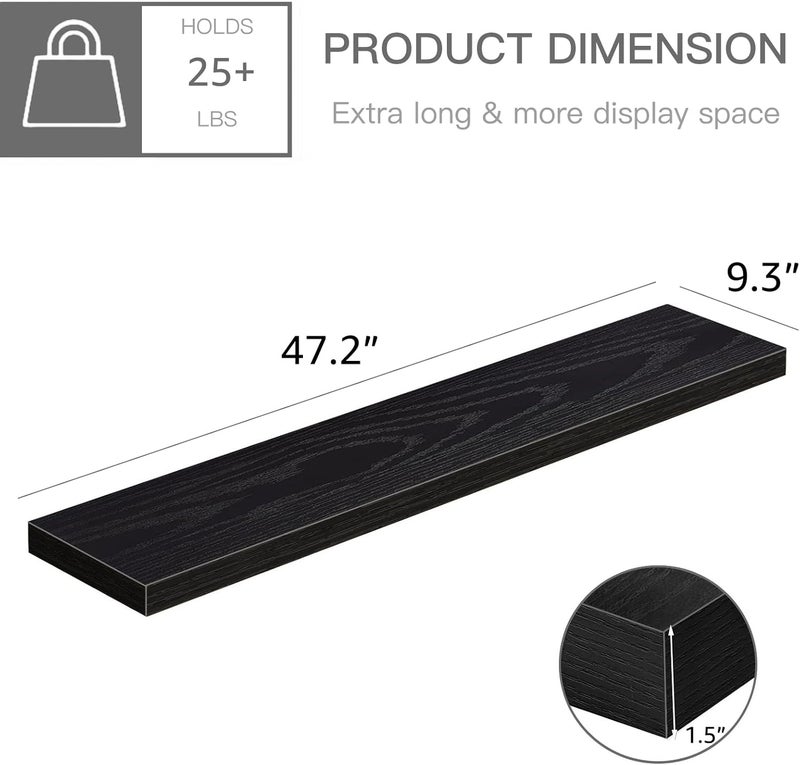 QEEIG Floating Shelves for Wall 47.2" Extra Long - Wall Mounted Shelf Bathroom Kitchen Living Room Bedroom Farmhouse Home Decor Display Bookshelf Large 47.2 x 9.3 inch Set of 2, Black (008-120B) - Image 3