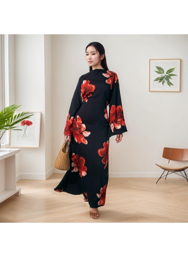 Women Floral Printed Round Neck Abaya Dress Flared Sleeve Tie Waist Loose Maxi Dress - Image 2