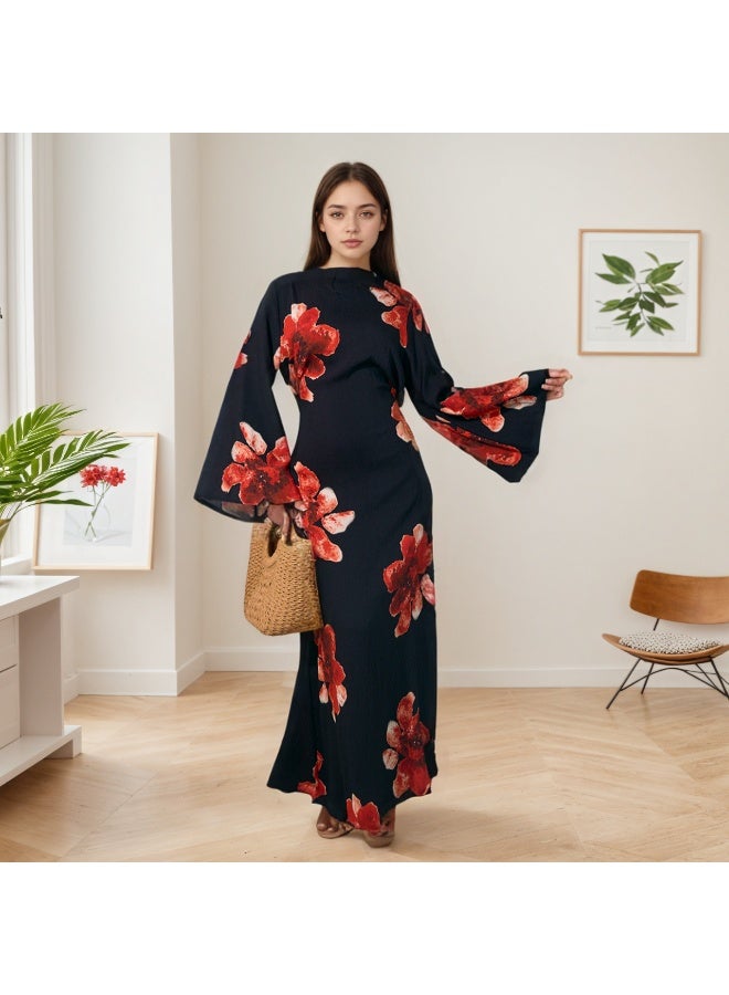 Women Floral Printed Round Neck Abaya Dress Flared Sleeve Tie Waist Loose Maxi Dress - Image 1