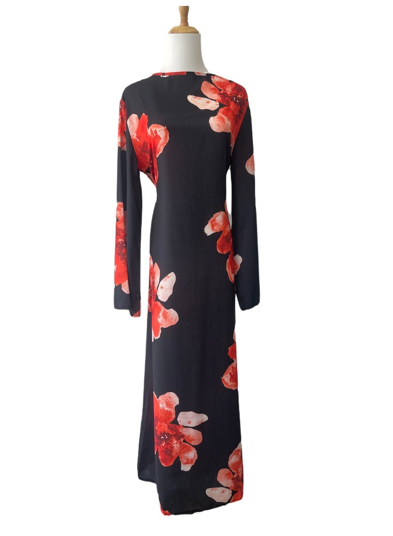 Women Floral Printed Round Neck Abaya Dress Flared Sleeve Tie Waist Loose Maxi Dress - Image 3