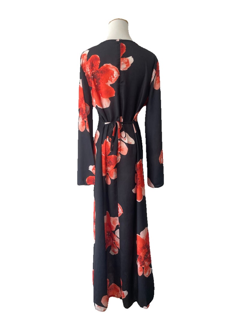 Women Floral Printed Round Neck Abaya Dress Flared Sleeve Tie Waist Loose Maxi Dress - Image 4