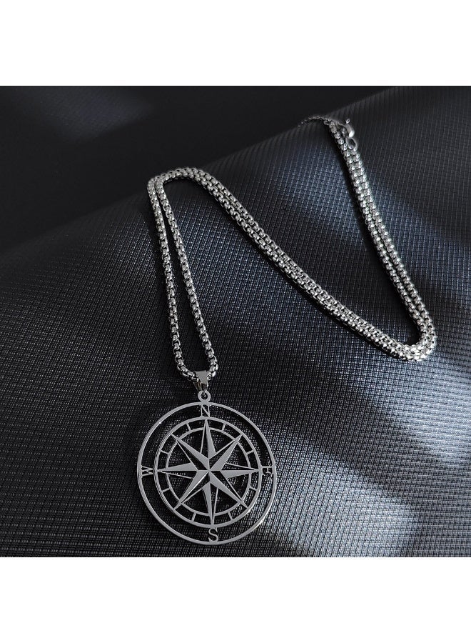 HomeNoor Men’s Vintage Hollow Compass Pendant Necklace, 60cm Silver Premium Stainless Steel Hip‑Hop Accessory for Daily Wear - Image 5