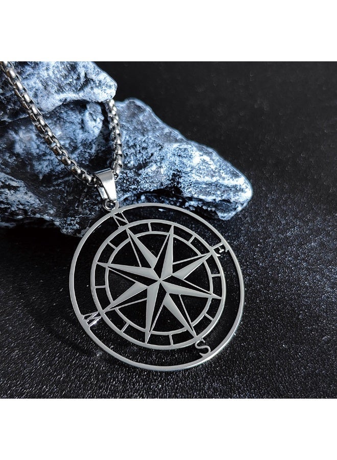 HomeNoor Men’s Vintage Hollow Compass Pendant Necklace, 60cm Silver Premium Stainless Steel Hip‑Hop Accessory for Daily Wear - Image 4
