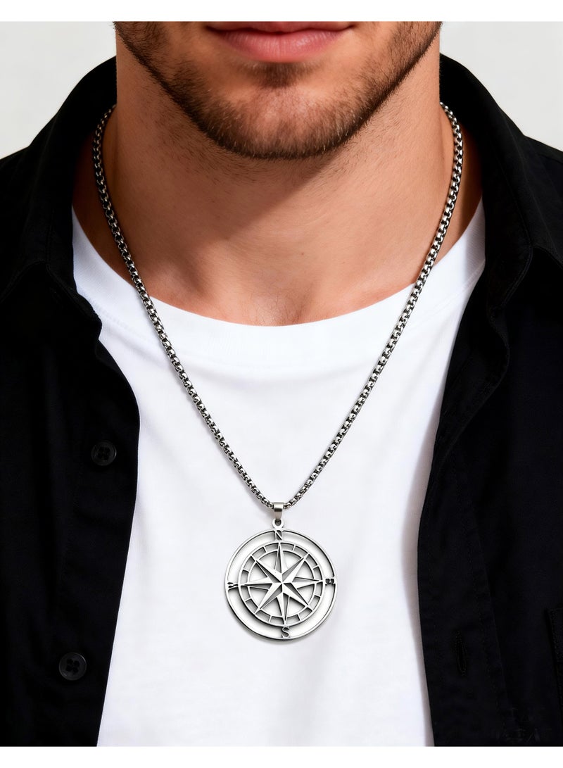 HomeNoor Men’s Vintage Hollow Compass Pendant Necklace, 60cm Silver Premium Stainless Steel Hip‑Hop Accessory for Daily Wear - Image 1