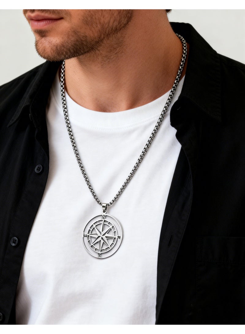 HomeNoor Men’s Vintage Hollow Compass Pendant Necklace, 60cm Silver Premium Stainless Steel Hip‑Hop Accessory for Daily Wear - Image 2
