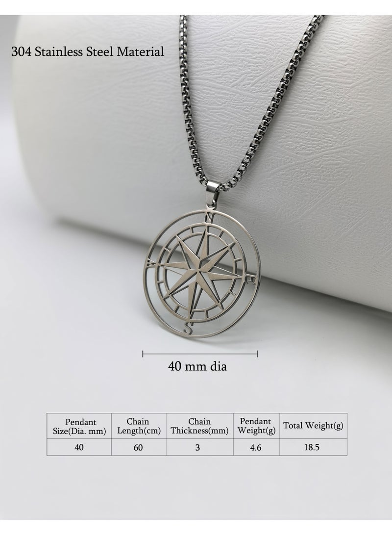 HomeNoor Men’s Vintage Hollow Compass Pendant Necklace, 60cm Silver Premium Stainless Steel Hip‑Hop Accessory for Daily Wear - Image 3