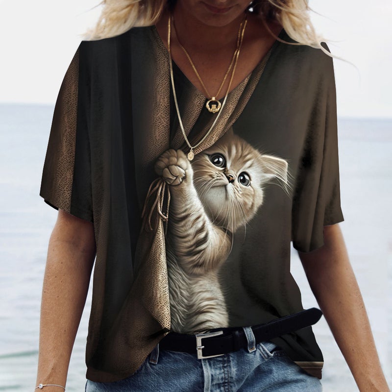 Designed Spring and Summer New 3D Printed Pattern Comfortable and Loose V Neck Short-Sleeved Women's T-Shirt Animal Pattern - Image 2