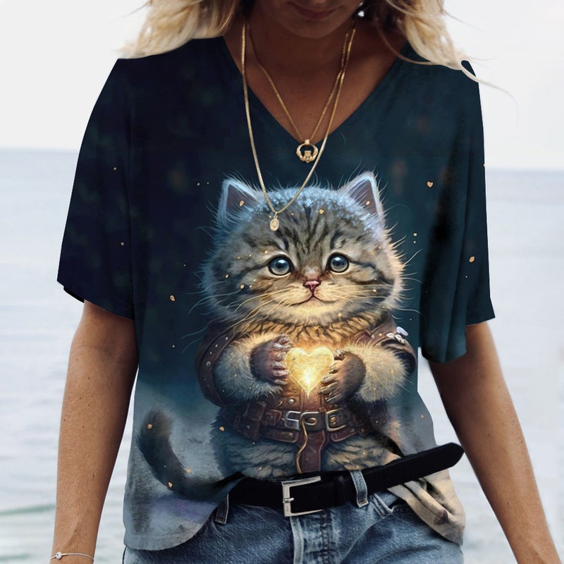 Designed Spring and Summer New 3D Printed Pattern Comfortable and Loose V Neck Short-Sleeved Women's T-Shirt Animal Pattern - Image 5