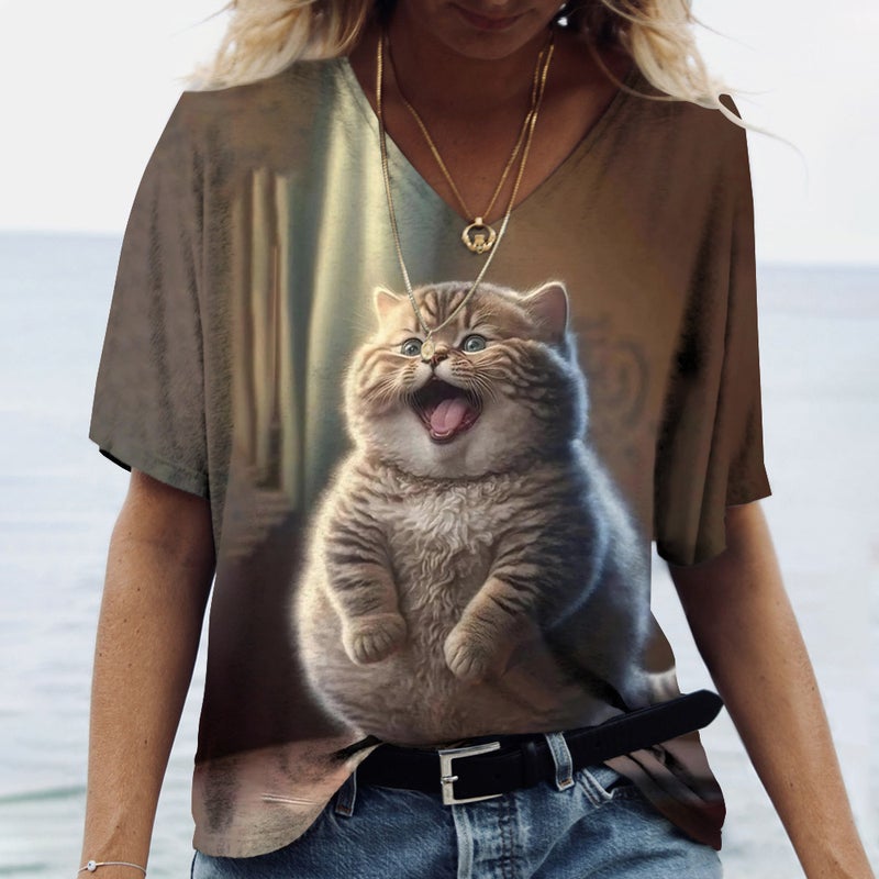 Designed Spring and Summer New 3D Printed Pattern Comfortable and Loose V Neck Short-Sleeved Women's T-Shirt Animal Pattern - Image 4