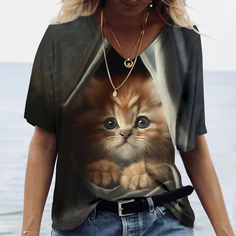 Designed Spring and Summer New 3D Printed Pattern Comfortable and Loose V Neck Short-Sleeved Women's T-Shirt Animal Pattern - Image 1