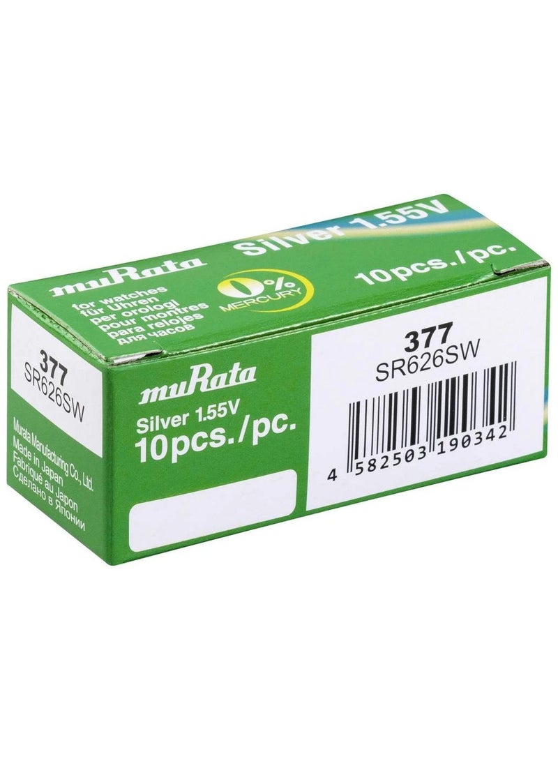 muRATA 10-Pieces Murata 377 / SR626SW Silver Oxide 1.55V Watch Batteries  - Image 1
