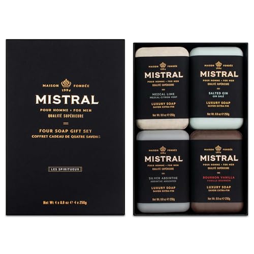 Mistral Menâ€™s Luxury Bar Soap for Men | Gift Set (4 x 8.8 oz) â€“ Mezcal Lime, Salted Gin, Silver Absinthe, Bourbon Vanilla | Moisturizing, Triple-Milled Natural Soap for Men - Made in France - Image 1