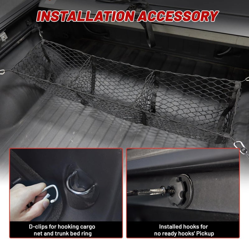 RED WOLF 3 Pocket Truck Bed Cargo Net for Toyota Ford Dodge GMC Chevy Silverado, Universal Pickup Mesh Storage Net 47.2" x 11.8" Stretchable Elastic Truck Bed Grocery Holder Net with 4 Ball Bungees - Image 5