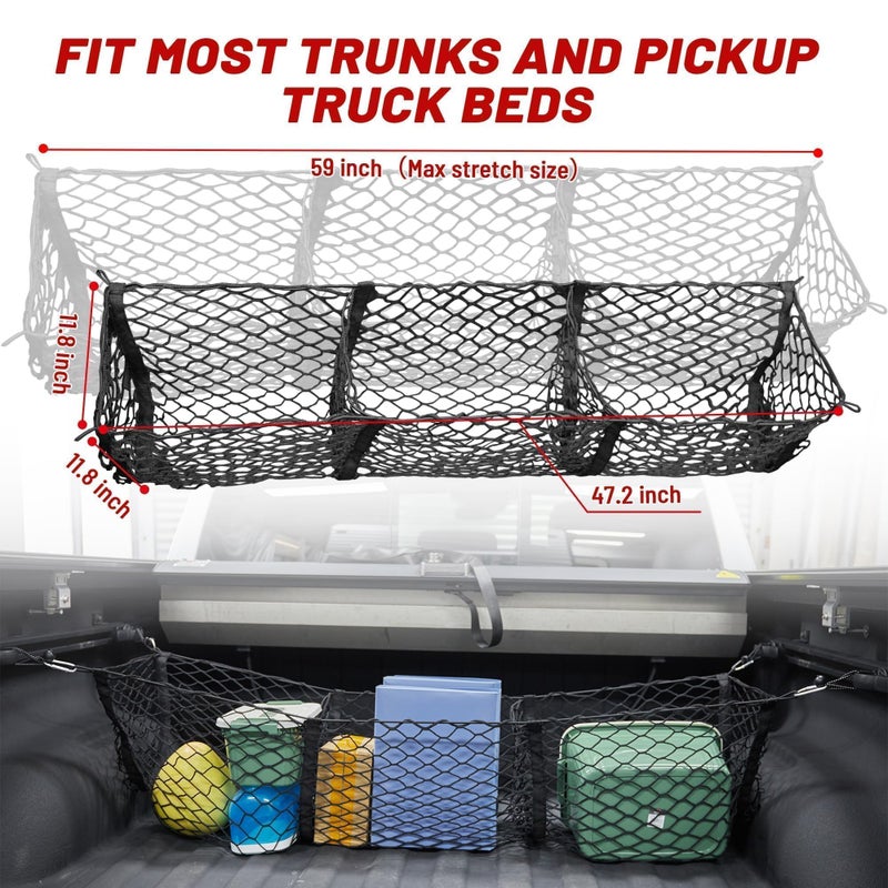 RED WOLF 3 Pocket Truck Bed Cargo Net for Toyota Ford Dodge GMC Chevy Silverado, Universal Pickup Mesh Storage Net 47.2" x 11.8" Stretchable Elastic Truck Bed Grocery Holder Net with 4 Ball Bungees - Image 3