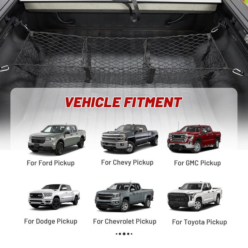 RED WOLF 3 Pocket Truck Bed Cargo Net for Toyota Ford Dodge GMC Chevy Silverado, Universal Pickup Mesh Storage Net 47.2" x 11.8" Stretchable Elastic Truck Bed Grocery Holder Net with 4 Ball Bungees - Image 4