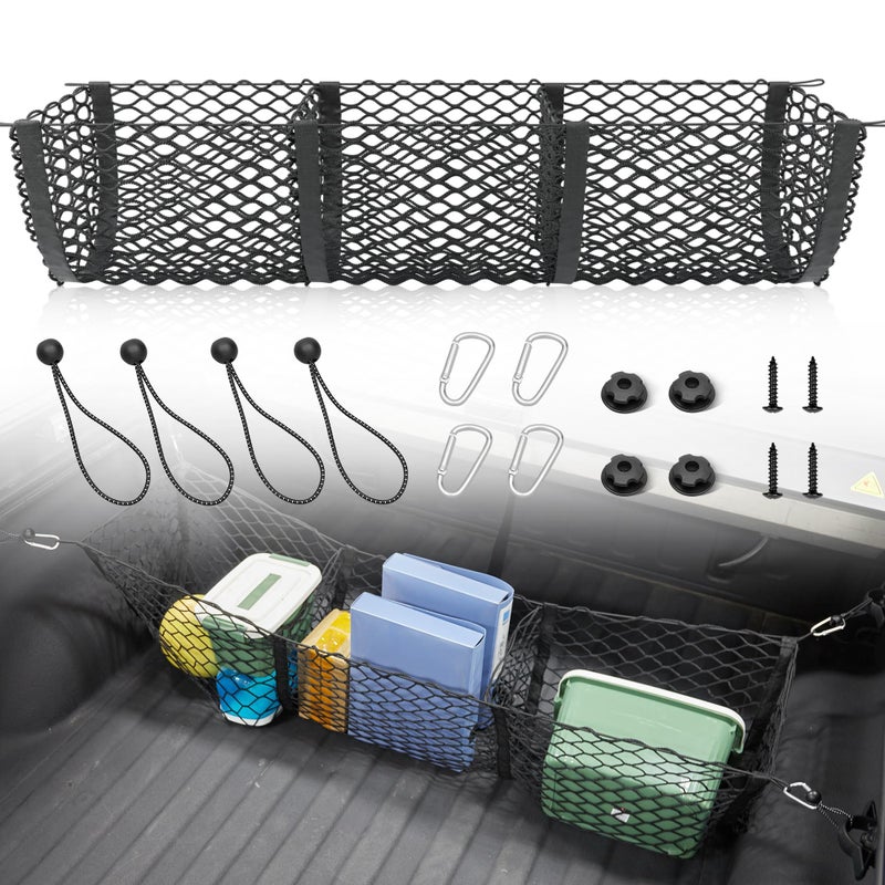 RED WOLF 3 Pocket Truck Bed Cargo Net for Toyota Ford Dodge GMC Chevy Silverado, Universal Pickup Mesh Storage Net 47.2" x 11.8" Stretchable Elastic Truck Bed Grocery Holder Net with 4 Ball Bungees - Image 1