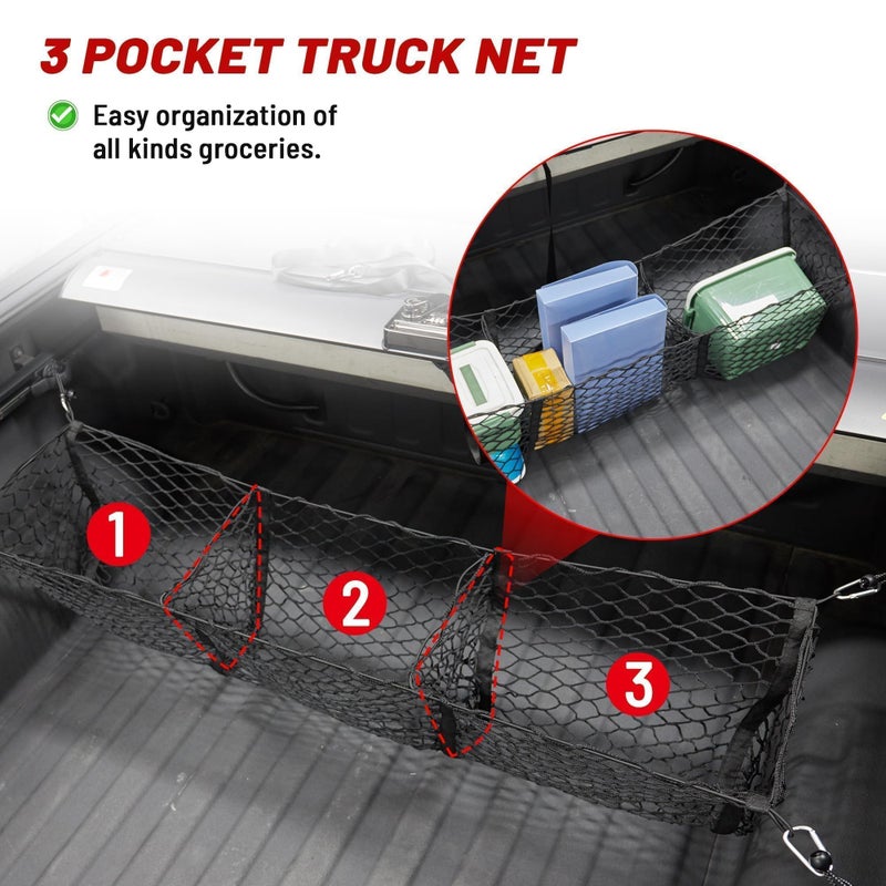 RED WOLF 3 Pocket Truck Bed Cargo Net for Toyota Ford Dodge GMC Chevy Silverado, Universal Pickup Mesh Storage Net 47.2" x 11.8" Stretchable Elastic Truck Bed Grocery Holder Net with 4 Ball Bungees - Image 2