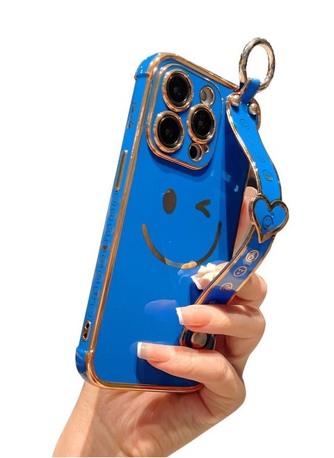 iPhone 14 Pro Max Case for Women,Bling Glitter Plating Smile Face Cover with Strap & Camera Lens Protection Soft TPU Shockproof Bumper Phone Case for iPhone 14 Pro Max (Deep Blue)
